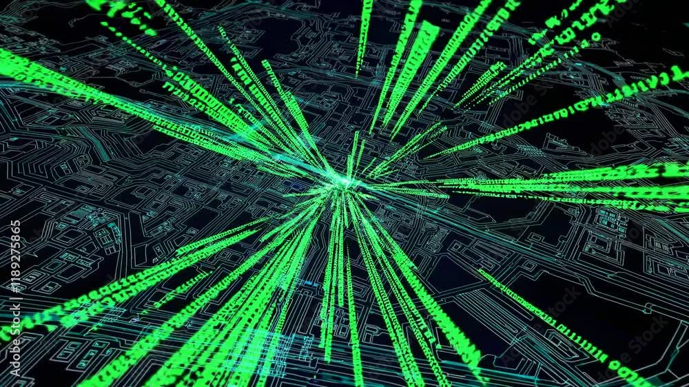 Poster an abstract representation of data flow in a digital city, showcasing vibrant green lines and a futu