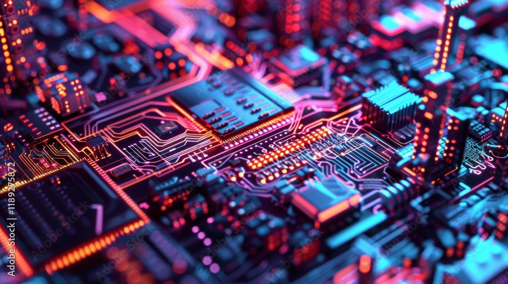 Poster exploring intricate pathways of a computer chip in a macro view of technology digital environment