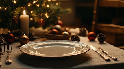 Fototapeta premium Elegant Christmas Table Setting: A Warm, Festive Scene