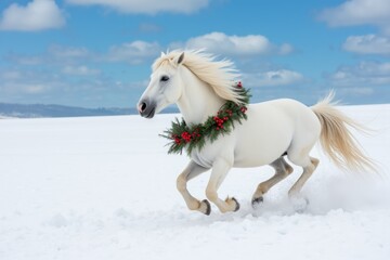 Festive White Horse Galloping Through Winter Wonderland