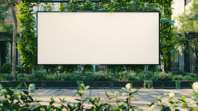 A blank white banner was hanging on the wall of an outdoor space, surrounded by green plants. The empty billboard was ready for a design or text to be added later.