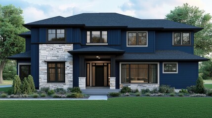 Obraz premium Modern two-story house with navy blue siding, stone accents, and large windows.