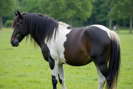 Elegant Black and White Horse in a Lush Green Field