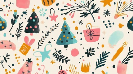 Joyful Christmas Trees and Festive Elements: A Whimsical Pattern