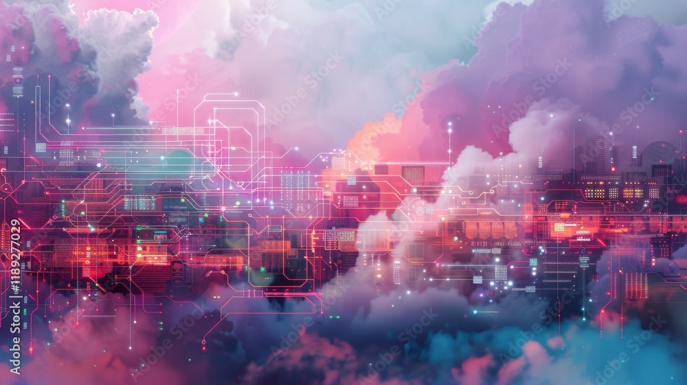Poster reimagining cloud networks through kutae circuit diagrams digital art futuristic environment creativ