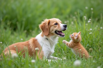 Dog and Kitten in a Green Field