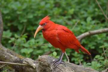 Fototapeta premium Vibrant Red Bird Perched Against Green Foliage