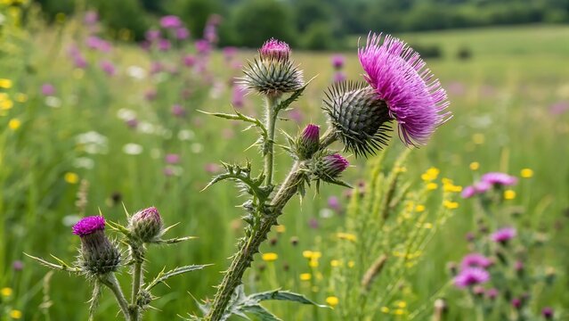 Fototapeta Close up of purple thistle flower. Pink blossoms stand tall in green field. Vivid colors in nature. Wild plant in meadow garden. Springtime flora beauty. Beautiful natural image. High quality photo