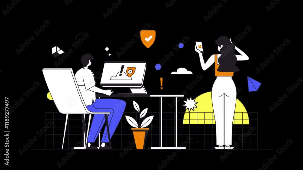 Poster a diverse team works on a digital project, with one member at a computer and another using a smartph