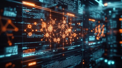 Digital screens display complex data visualizations, molecular models. Advanced AI algorithms accelerate drug development in futuristic lab setting. Tech fusion with science creates innovative