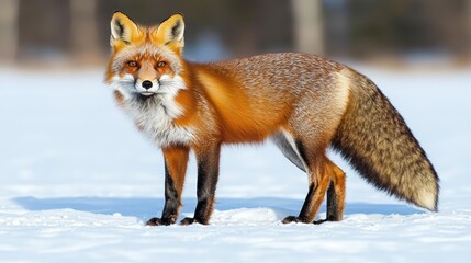 Fototapeta premium Red fox in snowy landscape wild animal photography winter environment nature scene close-up perspective
