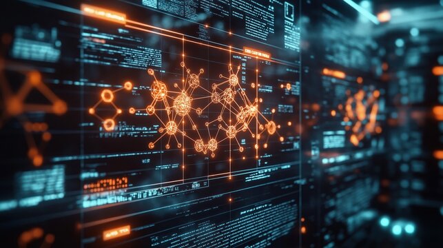 Digital screens display complex data visualizations, molecular models. Advanced AI algorithms accelerate drug development in futuristic lab setting. Tech fusion with science creates innovative