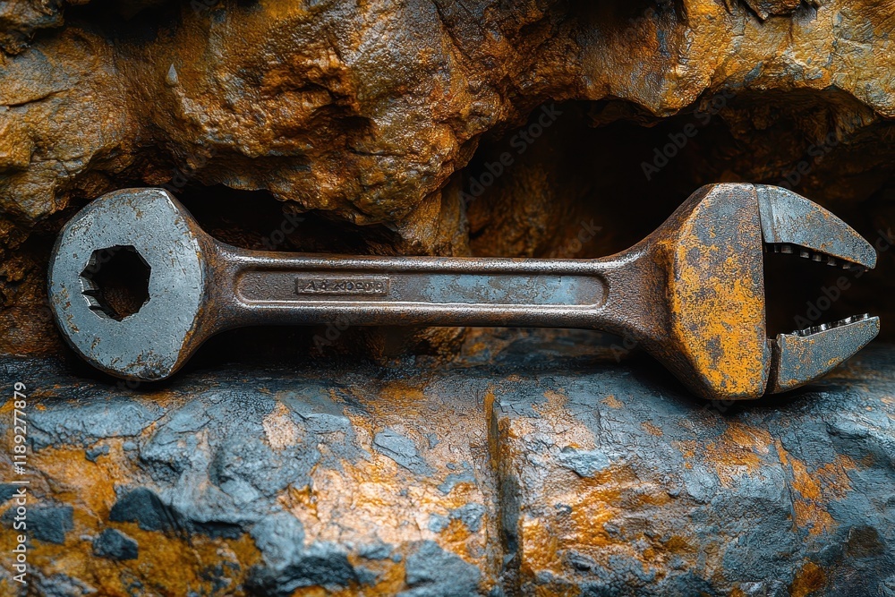 Poster a rusty adjustable wrench resting on a textured stone surface.