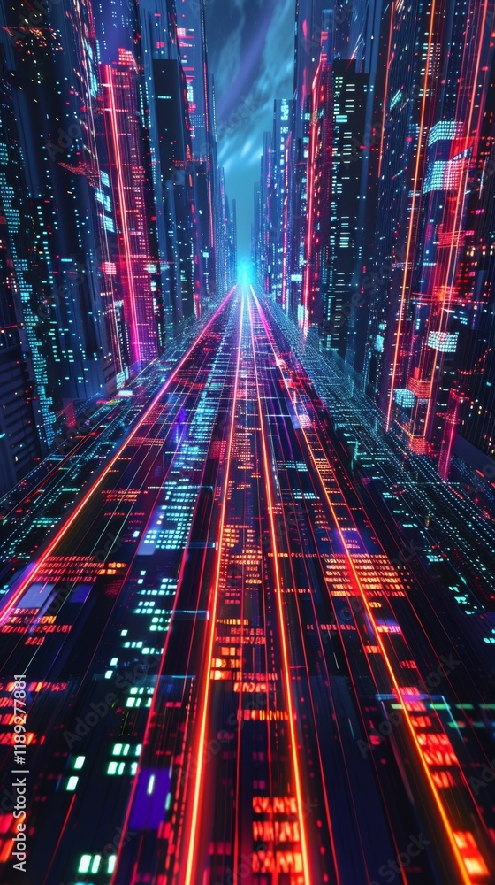 Aufkleber dynamic visualization of kutae network traffic in a futuristic urban environment digital art perspec