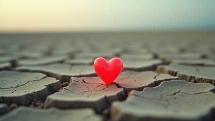 Fototapeta premium A tiny heart glows softly in a vast, desolate landscape. The barren, cracked earth and hazy sky highlight love’s fragility and resilience amidst solitude and emptiness.