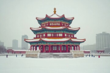 Obraz premium Snowy Chinese Pavilion in a Park