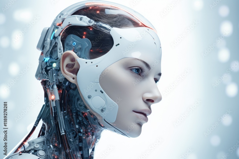 Poster an advanced ai robot with humanlike features is standing against a futuristic background filled with
