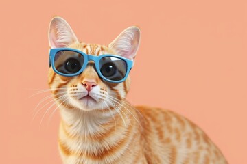 Sunglasses Cat Gazing Mysteriously on Peach Background