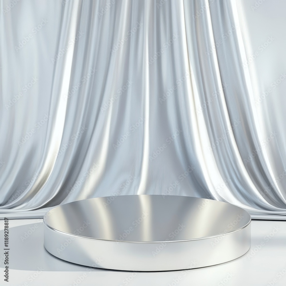 Poster elegant silver platform display with flowing fabric drape: a modern minimalist product presentation 