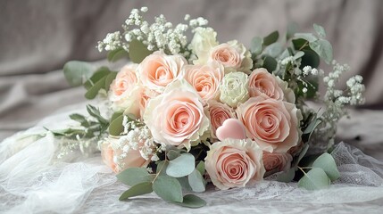 Obraz premium Delicate Blush Roses: A captivating bridal bouquet, brimming with soft blush roses, baby's breath, and eucalyptus sprigs. The delicate petals and lush greenery create a romantic and elegant display.