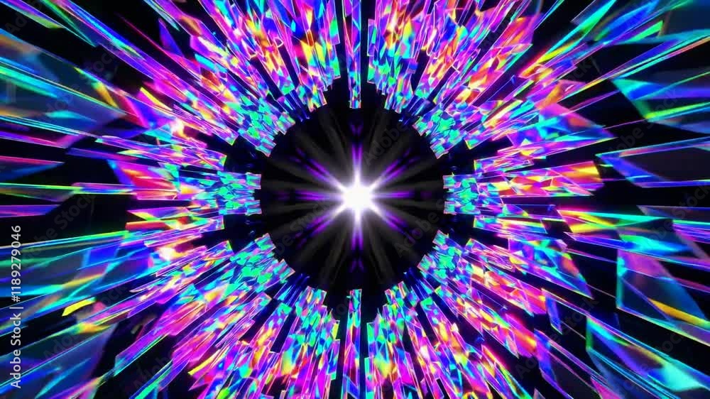 Poster a vibrant, abstract explosion of colors radiating from a central point, creating a sense of depth an