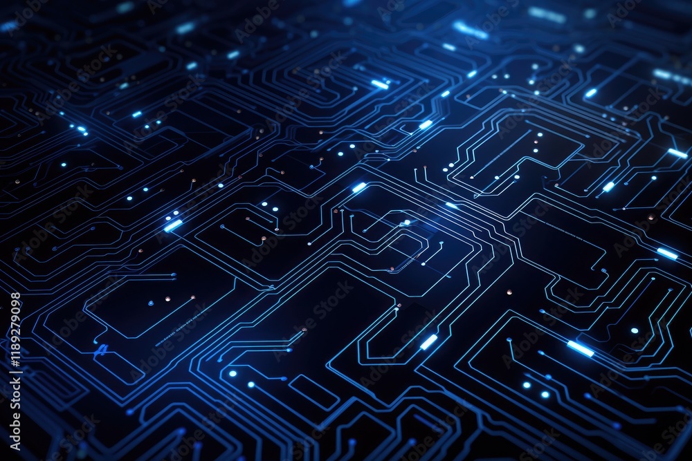 Poster intricate circuit patterns in indigo hues showcasing vibrant technology themes illuminated in a dark