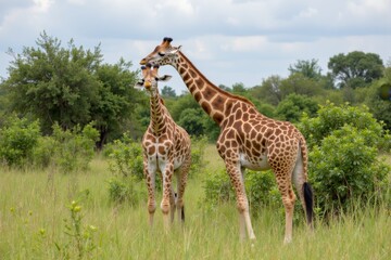 Fototapeta premium Serene Giraffes in a Grassy Field