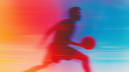 basketball player dribbling in vibrant motion blur with dynamic red and blue lighting effects