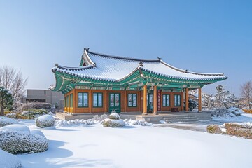 Fototapeta premium A Chinese-Style Building in a Snowy Winter Landscape