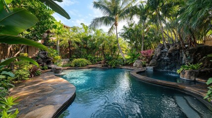 Tropical Oasis with Pool and Waterfall Surrounded by Lush Garden Paradise