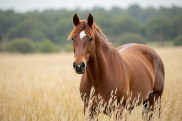 Naklejka premium Majestic Brown Horse in a Serene Grass Field