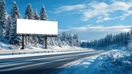Blank billboard on snowy winter road through coniferous forest
