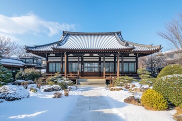 A serene Japanese garden pavilion nestled in a snowy landscape under a blue sky with white clouds.