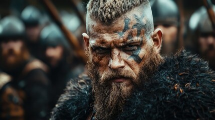 Obraz premium Intense Viking Warrior with War Paint and Fur Cloak in Battle Scene