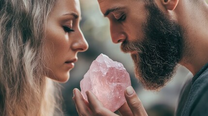 A man and a woman share an intimate moment, gazing into each other's eyes and holding a large rose quartz crystal between them. The soft outdoor light enhances the romantic atmosphere