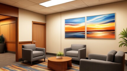 A cozy waiting area with modern furniture and vibrant artwork.