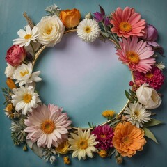 Obraz premium Generative AI illustration of blank white frame surrounded by a delicate collection of colorful flowers and leaves 