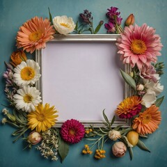 Generative AI illustration of blank white frame surrounded by a delicate collection of colorful flowers and leaves 