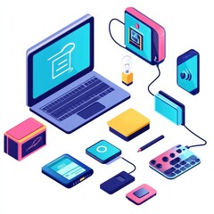 A lively workspace arrangement includes a laptop, smartphone, smart speaker, and other tech devices. The setup showcases a blend of colors and contemporary technology, emphasizing modern productivity