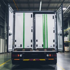 Naklejka premium A refrigerated delivery truck stands in a warehouse with its rear doors wide open, revealing spacious, temperature-controlled compartments designed for transporting perishable goods