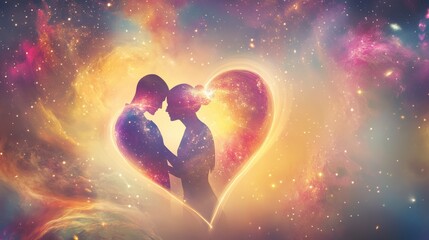 Two silhouettes of a couple are close together, forming a heart shape filled with bright colors and celestial elements