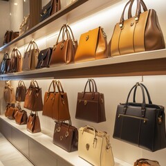 A wide selection of handbags arranged on a illuminated shelf in a contemporary boutique. The assortment features various styles, colors, and materials, appealing to fashion enthusiasts