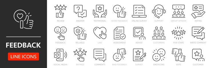 Feedback plan thin line icon set. Assessment, survey and answer. Customer review, rating, like, social media, comment, five star, opinion - stock vector.