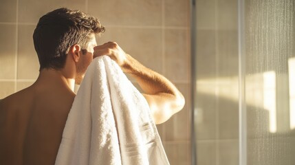A man stands in a bright bathroom, wrapping a towel around himself after taking a shower. Sunlight streams through the window, creating a warm atmosphere