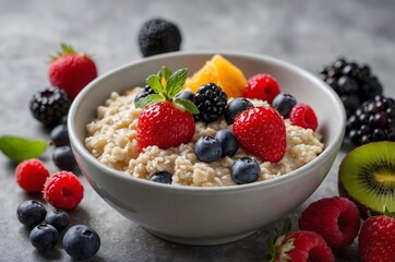 A set of porridge on a plate with fruits and berries on a transparent background represents the concept of healthy and tasty food.