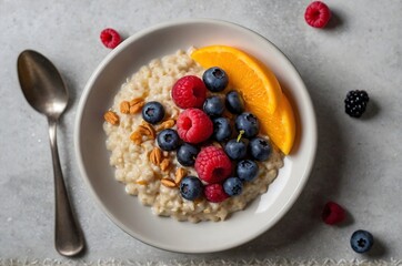 A set of porridge on a plate with fruits and berries on a transparent background represents the concept of healthy and tasty food.