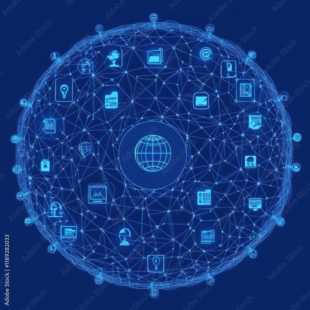 Poster conceptual illustration depicting a global network with interconnected icons representing technology