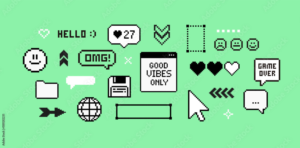 Poster Pixel game elements set of 90's aesthetics. 8-bit retro style vector illustration. PC deckstop pixel icons background. Trendy geometric brutalism UI elements. Simple fpixel forms in geek style