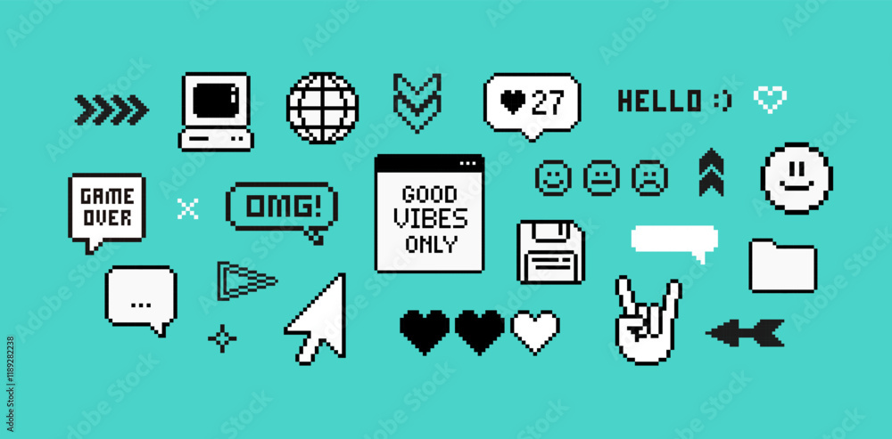 Poster Y2k Pixels game elements set of 90's aesthetics. 8-bit retro game vector elements and pixel icons. Retro pc deckstop and gaming background in geek style