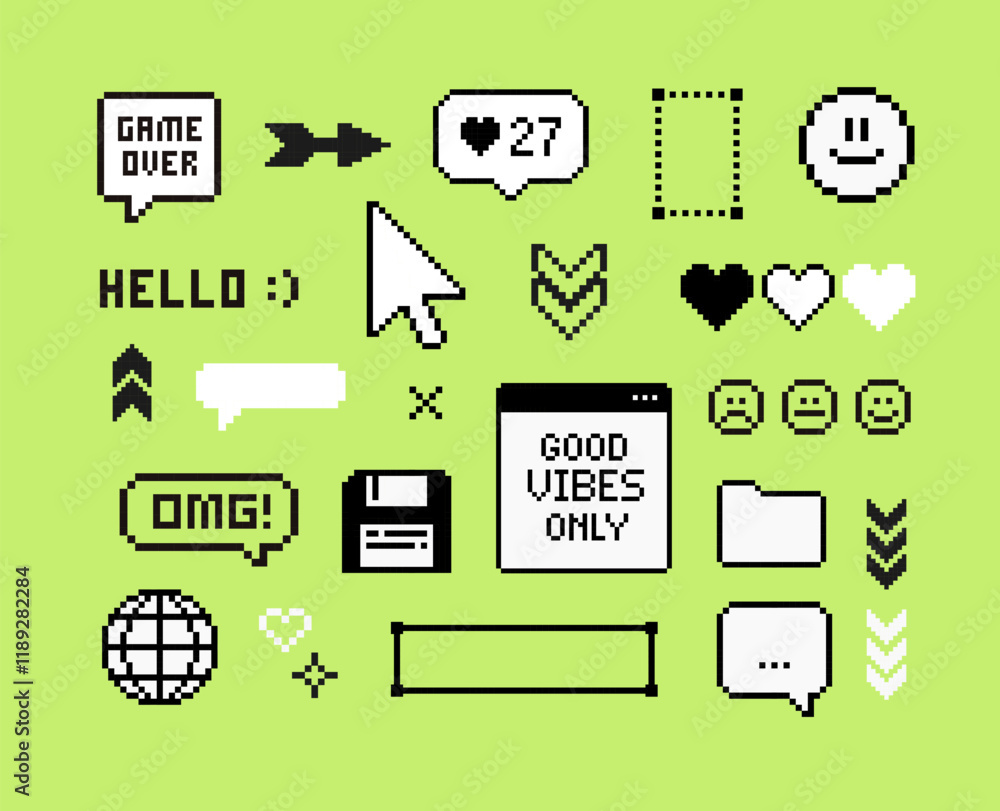 Poster Y2k Pixel game elements and stickers of 90's aesthetics. 8-bit retro game background. Trendy Y2k geometric brutalism UI interface. Simple pixel forms